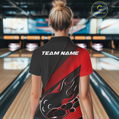 Custom Black And Red Flame Bowling Women Polo Shirt, Team Bowling League Shirt IPHW10254