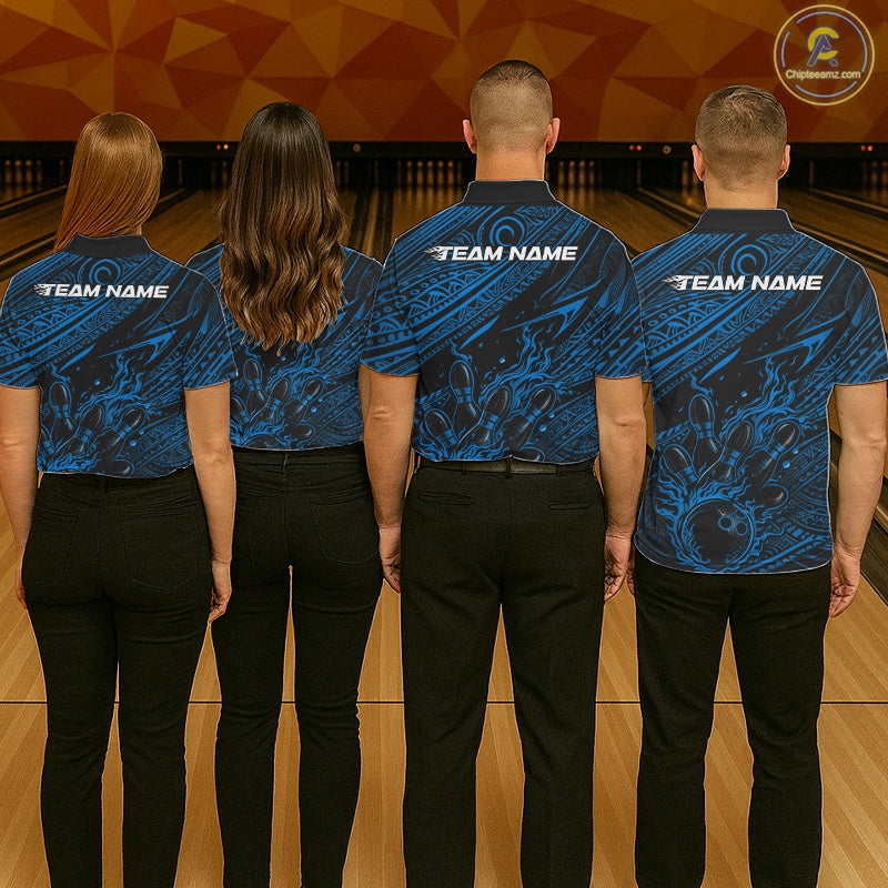 Custom Black And Blue Tribal Flame Bowling Ball Bowling Team Shirts, Polynesian Bowling Tournament Shirt IPHW10487