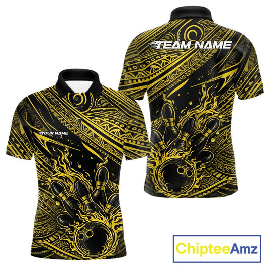 Custom Black And Yellow Tribal Flame Bowling Ball Bowling Team Shirts, Polynesian Bowling Tournament Shirt IPHW10489