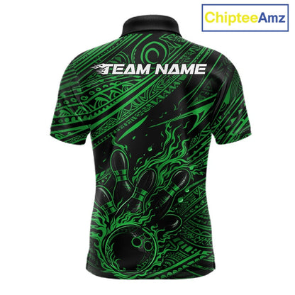 Custom Black And Green Tribal Flame Bowling Ball Bowling Team Shirts, Polynesian Bowling Tournament Shirt IPHW10490