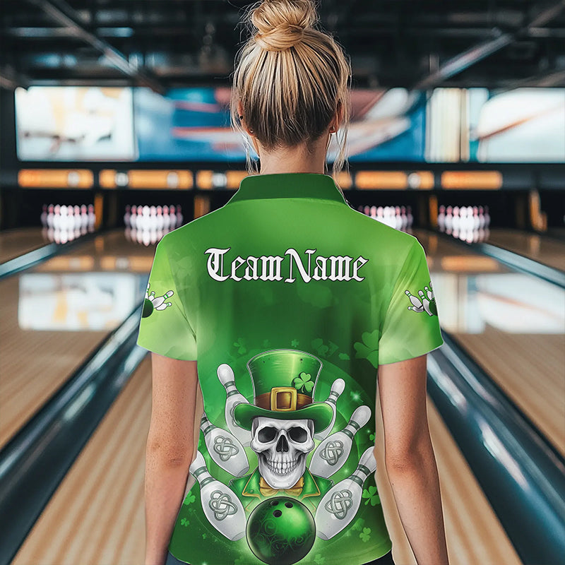 Custom Celtic St Patricks Day Bowling Polo Shirts For Women, Shamprock Skull Bowling Shirt IPHW8589
