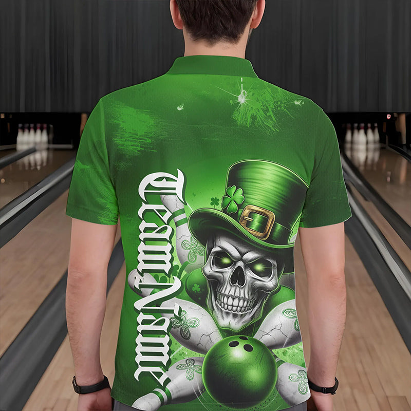 Custom Green Leprechaun Skull St Patricks Day Bowling Polo Shirt For Men, Lucky Bowling Shirt IPHW8595