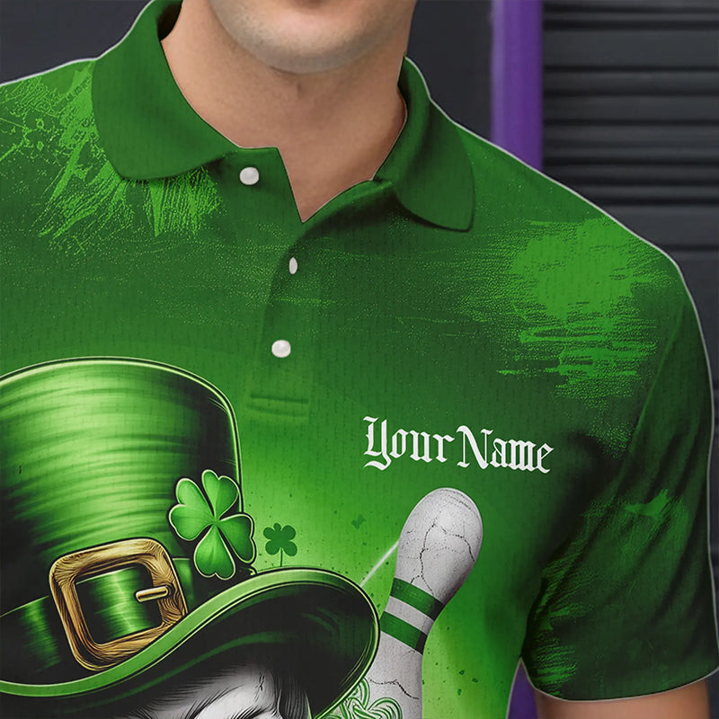 Custom Green Leprechaun Skull St Patricks Day Bowling Polo Shirt For Men, Lucky Bowling Shirt IPHW8595