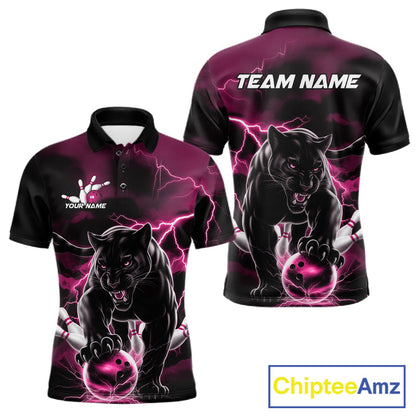 Pink Thunder Lightning Custom Panther Men Bowling Polo Shirts, Panther Bowling Jerseys IPHW10794