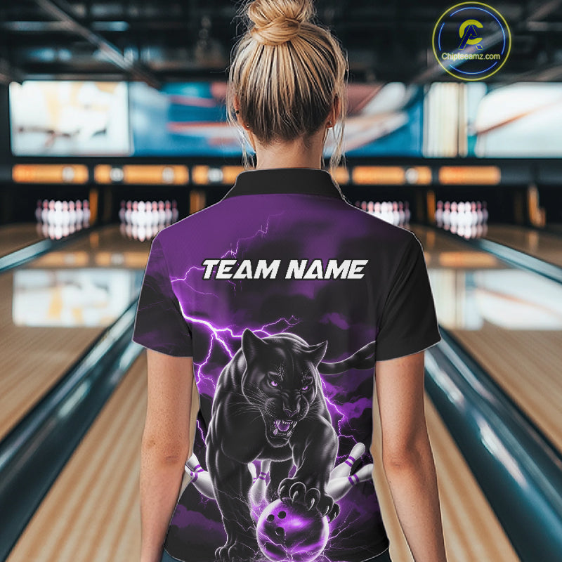 Purple Thunder Lightning Custom Panther Women Bowling Polo Shirts, Panther Bowling Jerseys IPHW10795
