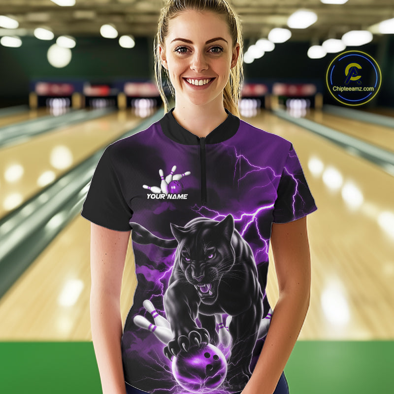 Purple Thunder Lightning Custom Panther Women Bowling Shirts, Panther Bowling Jerseys IPHW10795