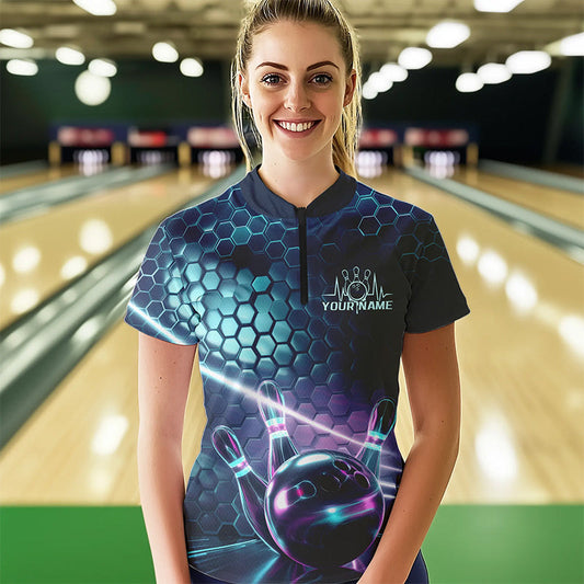 Custom Blue And Purple Holographic Bowling Team Quarter-Zip Shirt For Women, Bowlers Outfit IPHW8901