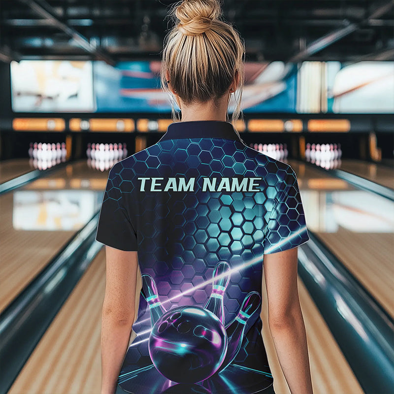 Custom Blue And Purple Holographic Bowling Team Quarter-Zip Shirt For Women, Bowlers Outfit IPHW8901
