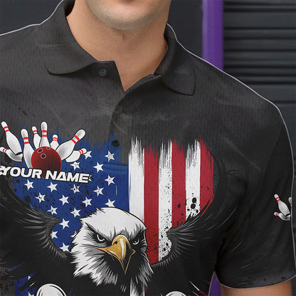 Custom Grunge US Flag Eagle Bowling Men Polo Shirts, Patriotic Camo Bowling Team Shirt IPHW8910