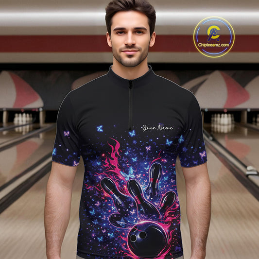 Male model wearing a colorful bowling quarter-zip shirt at the bowling lane with flaming bowling strike artwork.