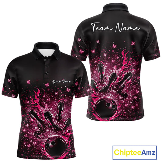 Front and back views of a black and pink mens bowling polo shirt with flames, striking pins, and sparkling butterflies.