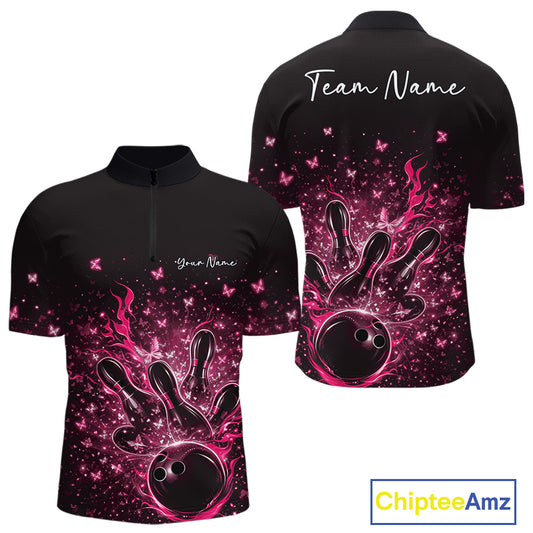 Front and back views of a black and pink mens bowling quarter-zip shirt with flames, striking pins, and sparkling butterflies.
