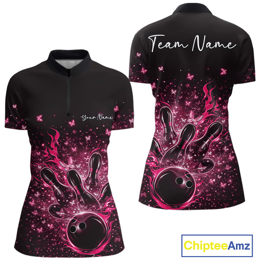 Front and back views of a black and pink womens bowling quarter-zip shirt featuring flaming strike artwork with sparkling butterflies.
