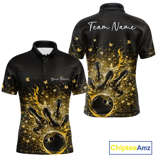 Front and back views of a black and yellow mens bowling polo shirt with flaming bowling ball and sparkling butterflies.