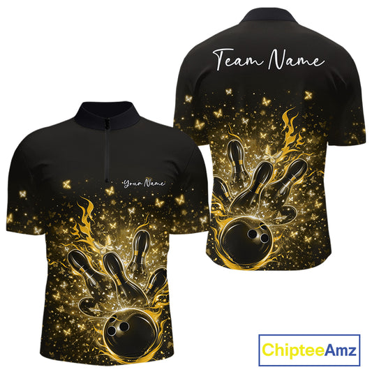 Front and back views of a black and yellow mens bowling quarter-zip shirt with flaming bowling ball and sparkling butterflies.