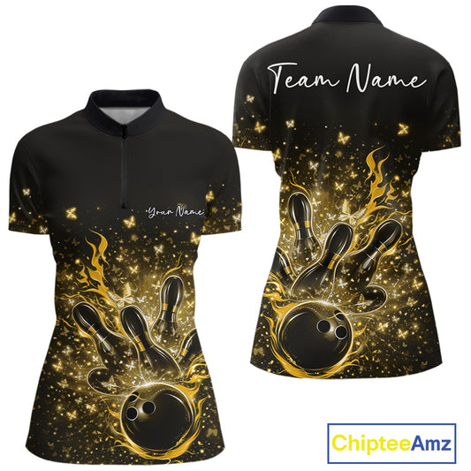 Front and back views of a womens black and yellow bowling quarter-zip shirt featuring a flaming bowling ball striking pins with sparkling butterflies.