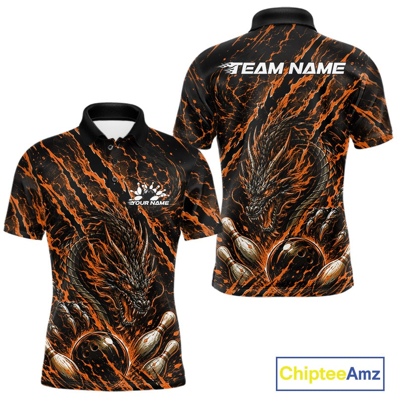 Custom orange dragon bowling shirt with vibrant lightning accents a fierce dragon and pins