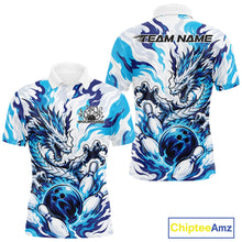 Load image into Gallery viewer, White bowling polo with blue, gray, and black flame-like swirls, a dragon graphic, bowling pins, a bowling ball, and custom name text
