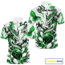 Load image into Gallery viewer, White bowling polo with green, gray, and black flame-like swirls, a dragon graphic, bowling pins, a bowling ball, and custom name text

