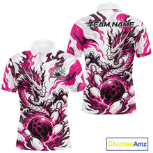 Load image into Gallery viewer, White bowling polo with hot pink, gray, and black flame-like swirls, a dragon graphic, bowling pins, a bowling ball, and custom name text
