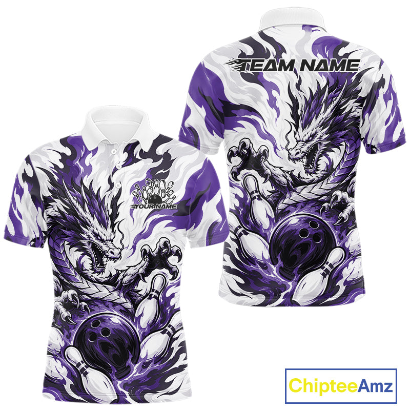 White bowling polo with purple, gray, and black flame-like swirls, a dragon graphic, bowling pins, a bowling ball, and custom name text
