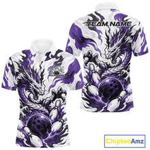 Load image into Gallery viewer, White bowling polo with purple, gray, and black flame-like swirls, a dragon graphic, bowling pins, a bowling ball, and custom name text
