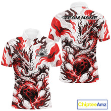 Load image into Gallery viewer, White bowling polo with red, gray, and black flame-like swirls, a dragon graphic, bowling pins, a bowling ball, and custom name text
