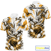 Load image into Gallery viewer, White bowling polo with gold, gray, and black flame-like swirls, a dragon graphic, bowling pins, a bowling ball, and custom name text
