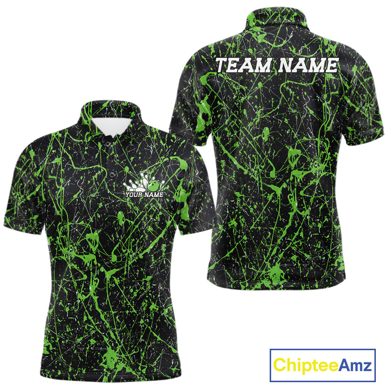 Custom black and avicado green paint splatter polo shirt mockup shown from front and back, featuring personalized â€œYour Nameâ€ text on the chest, large â€œTEAM NAMEâ€ lettering across the back