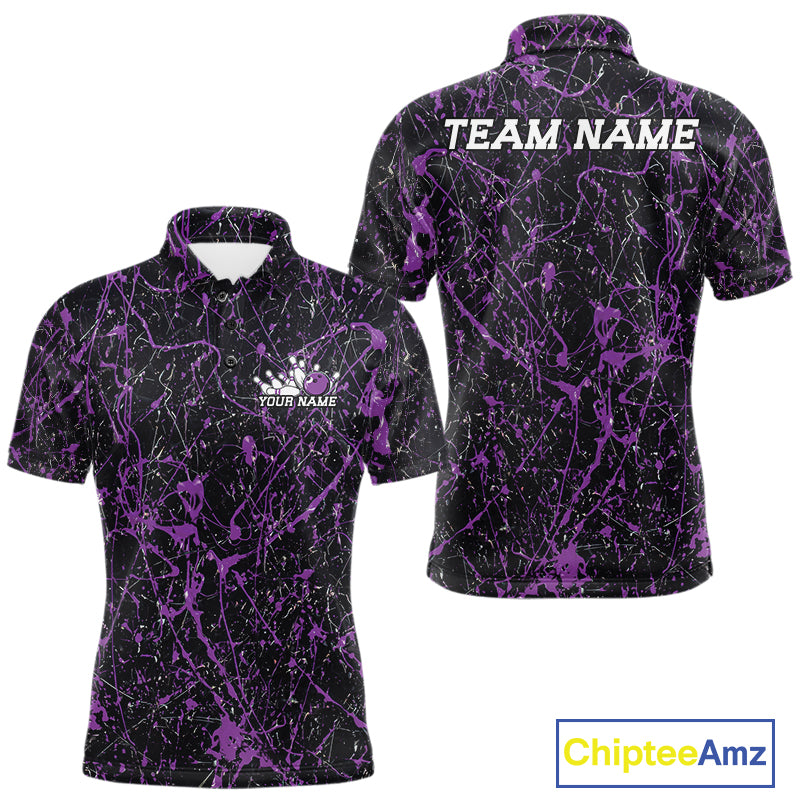 Custom black and purple  splatter polo shirt mockup shown from front and back, featuring personalized â€œYour Nameâ€ text on the chest, large â€œTEAM NAMEâ€ lettering across the back
