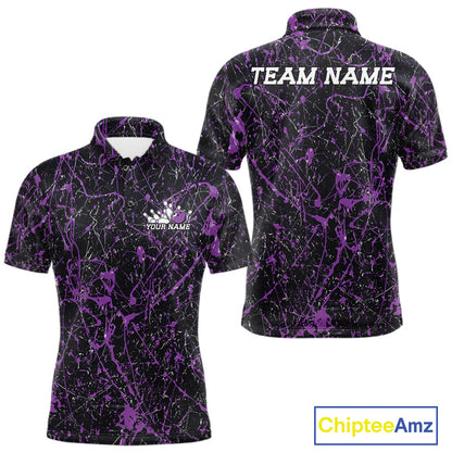 Custom black and purple  splatter polo shirt mockup shown from front and back, featuring personalized â€œYour Nameâ€ text on the chest, large â€œTEAM NAMEâ€ lettering across the back