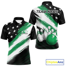 Load image into Gallery viewer, Custom patriotic green thin line american flag bowling jersey polo with customisable name