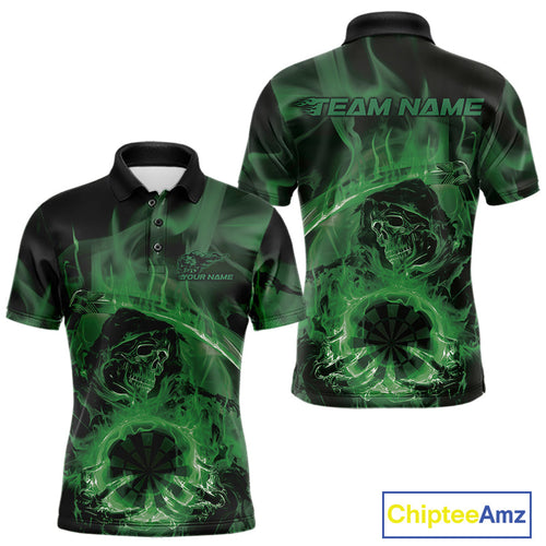 Custom Green Flame Grim Reaper Halloween Dart Men Polo Shirts For Team, Dart Jerseys IPHW10033