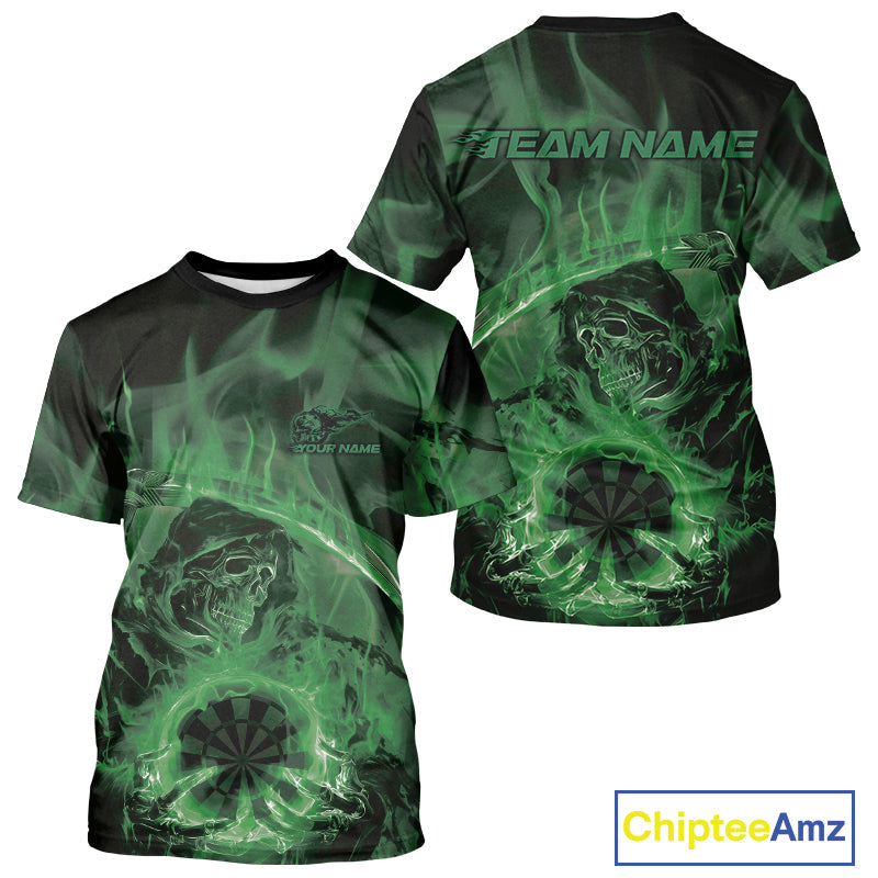 Custom Green Flame Grim Reaper Halloween Dart Men T-Shirts For Team, Dart Jerseys IPHW10033