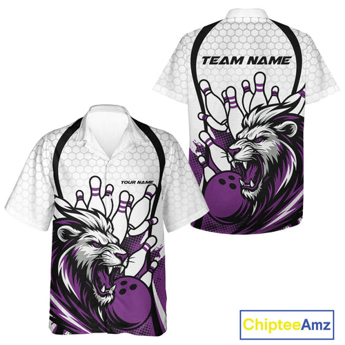 Custom Purple Lion Bowling Men And Women Hawaiian Shirt, Lion Bowling Team League Shirt IPHW10128