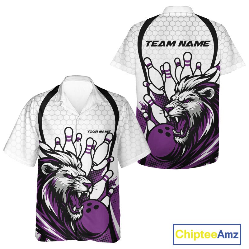 Custom Purple Lion Bowling Men And Women Hawaiian Shirt, Lion Bowling Team League Shirt IPHW10128