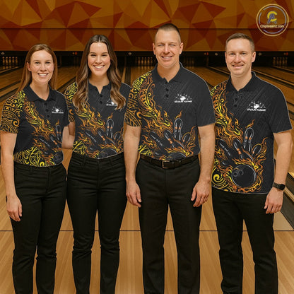Custom Black And Gold Tribal Flame Bowling Ball Bowling Team Shirts, Polynesian Bowling Tournament Shirt IPHW10503