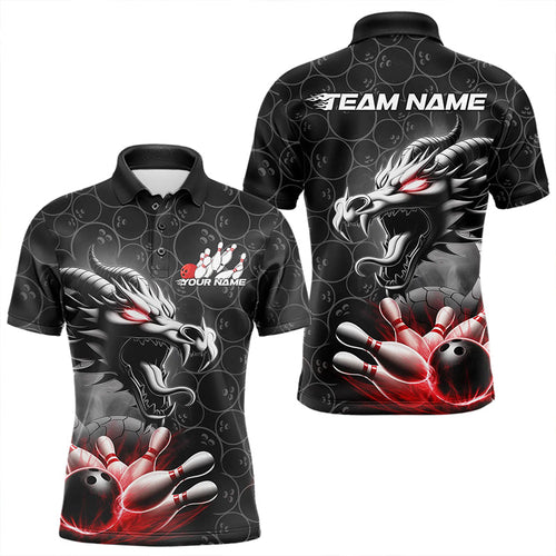 Custom Black And Red Dragon Bowling Men Polo Shirts, Bowling Pattern Dragon Bowler Outfit IPHW8916