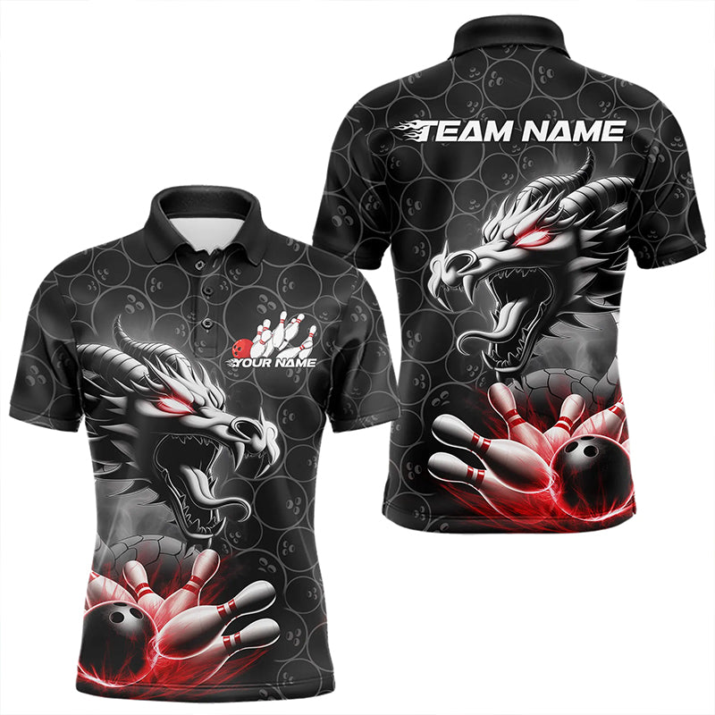 Custom Black And Red Dragon Bowling Men Polo Shirts, Bowling Pattern Dragon Bowler Outfit IPHW8916