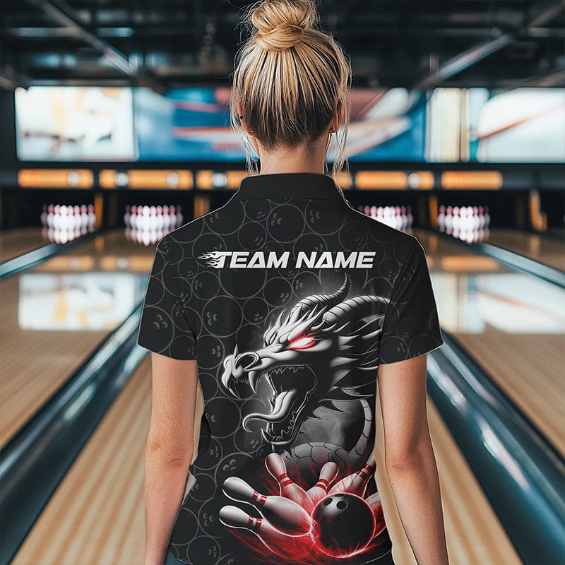 Custom Black And Red Dragon Bowling Women Quarter-Zip Shirts, Dragon Bowler Outfit IPHW8916