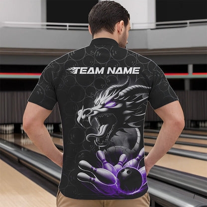 Custom Black And Purple Dragon Bowling Men Quarter-Zip Shirts, Bowling Pattern Dragon Bowler Outfit IPHW8917