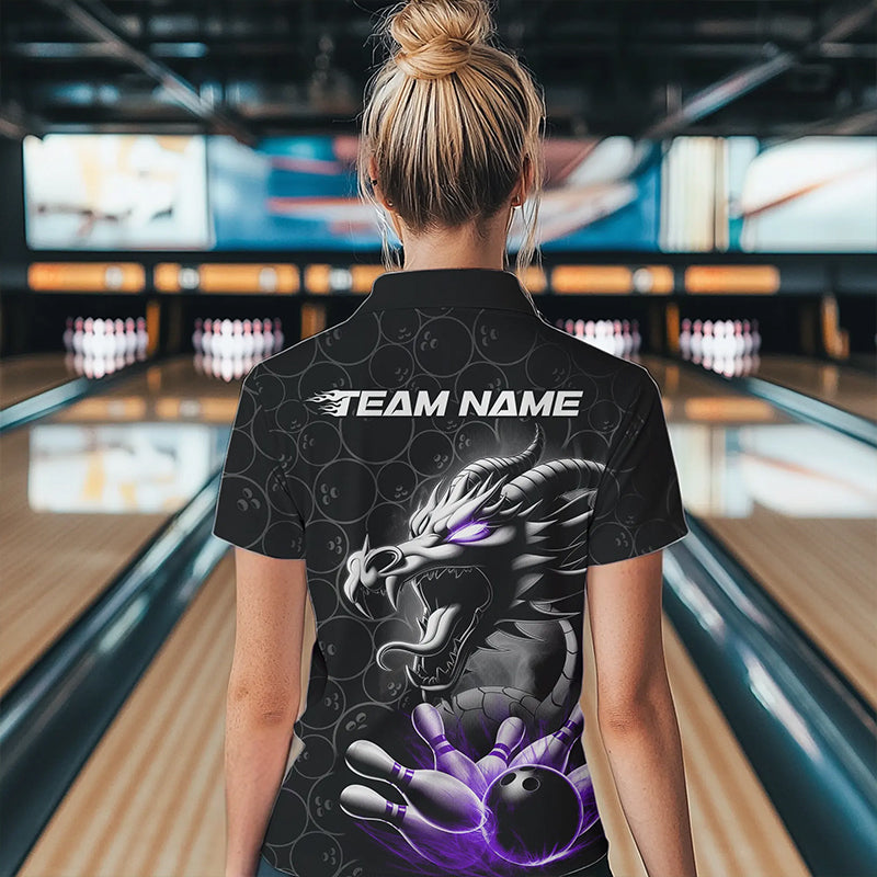 Custom Black And Purple Dragon Bowling Women Quarter-Zip Shirts, Dragon Bowler Outfit IPHW8917