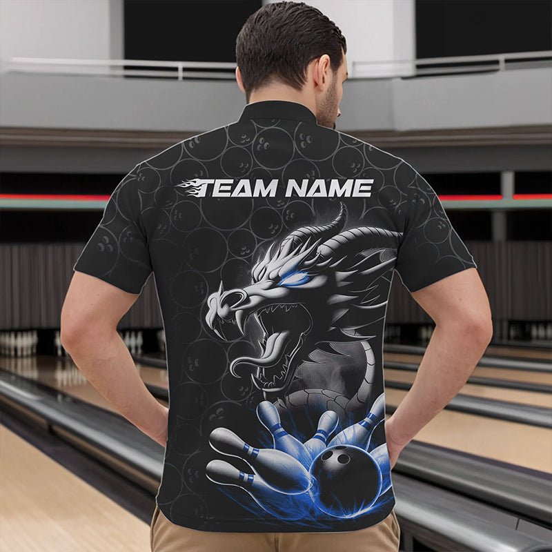 Custom Black And Blue Dragon Bowling Men Quarter-Zip Shirts, Bowling Pattern Dragon Bowler Outfit IPHW8918