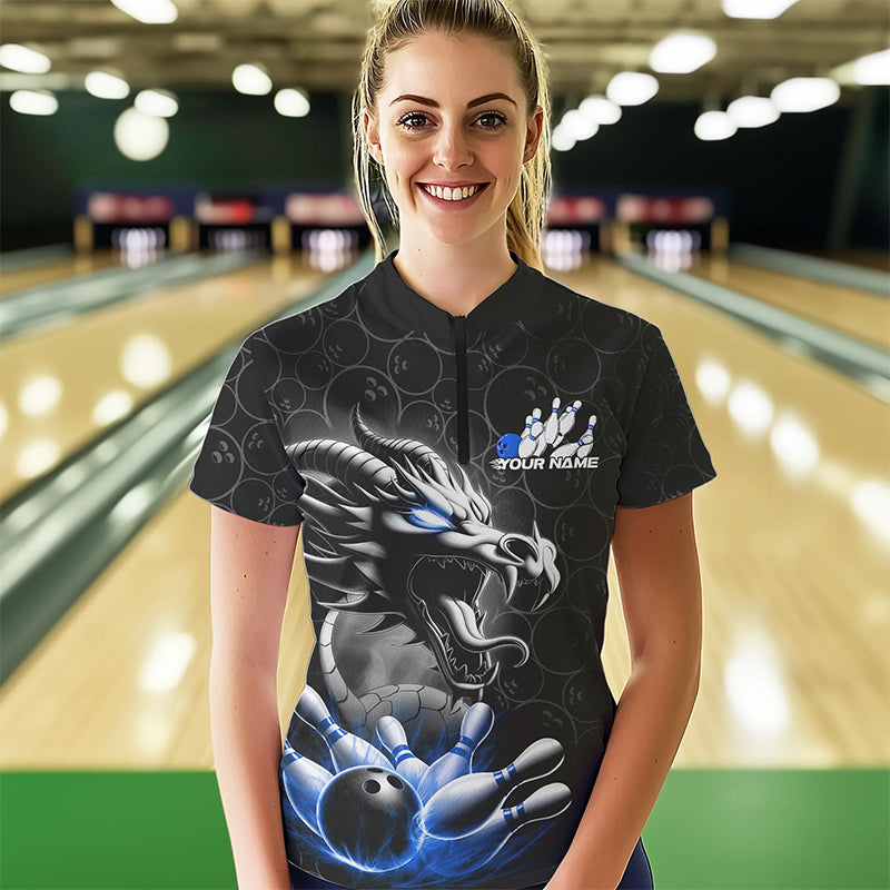 Custom Black And Blue Dragon Bowling Women Quarter-Zip Shirts, Dragon Bowler Outfit IPHW8918