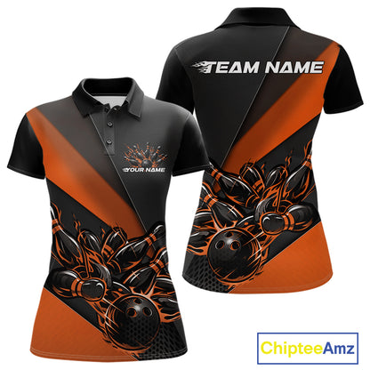 Front and back mockup of women’s black and orange polo shirt featuring flame bowling ball striking pins in bold, energetic sports apparel artwork.