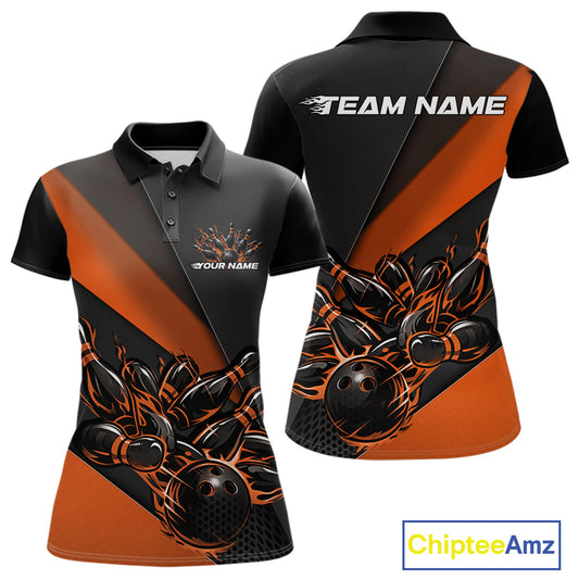Front and back mockup of women’s black and orange polo shirt featuring flame bowling ball striking pins in bold, energetic sports apparel artwork.