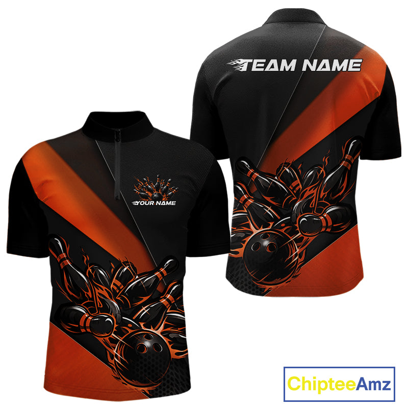 Front and back view mockup of a men’s quarter zip shirt in black and orange with a flame bowling ball knocking down pins, presented as a clean apparel display.