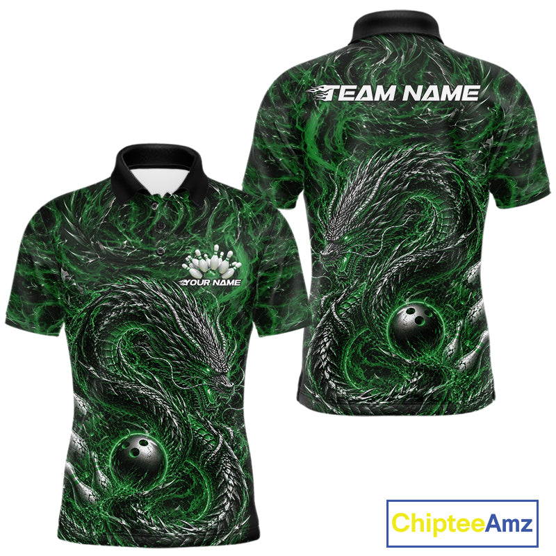 Custom sublimated bowling polo shirt with an green oriental dragon design wrapping around a bowling ball