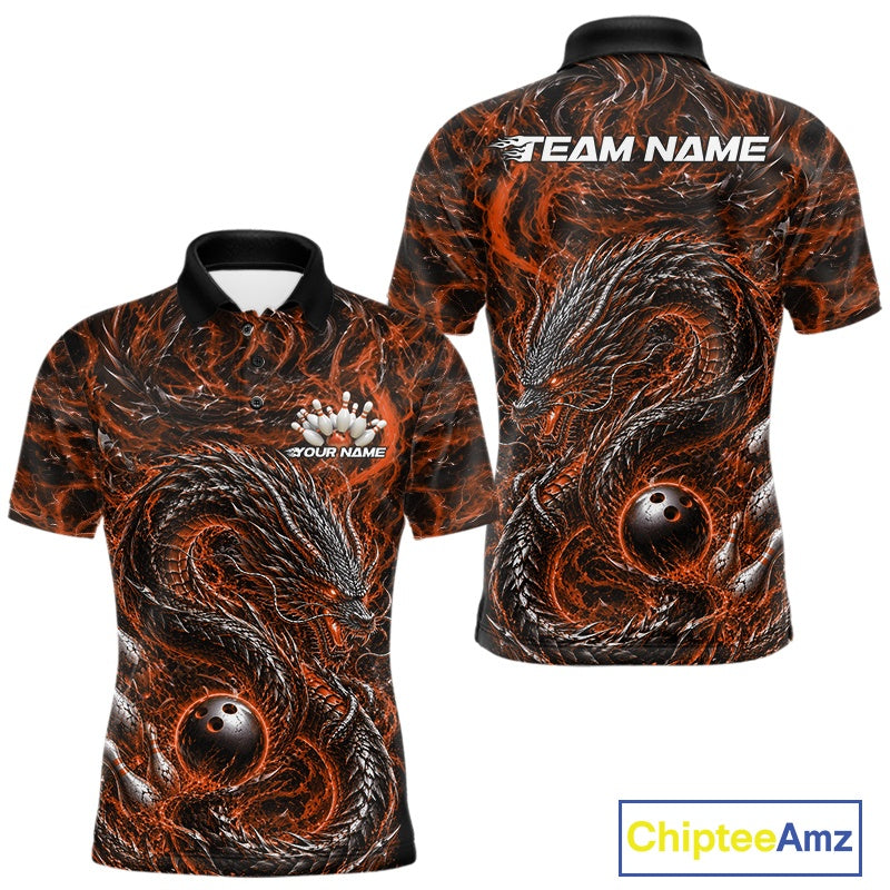 Custom sublimated bowling polo shirt with an orange oriental dragon design wrapping around a bowling ball