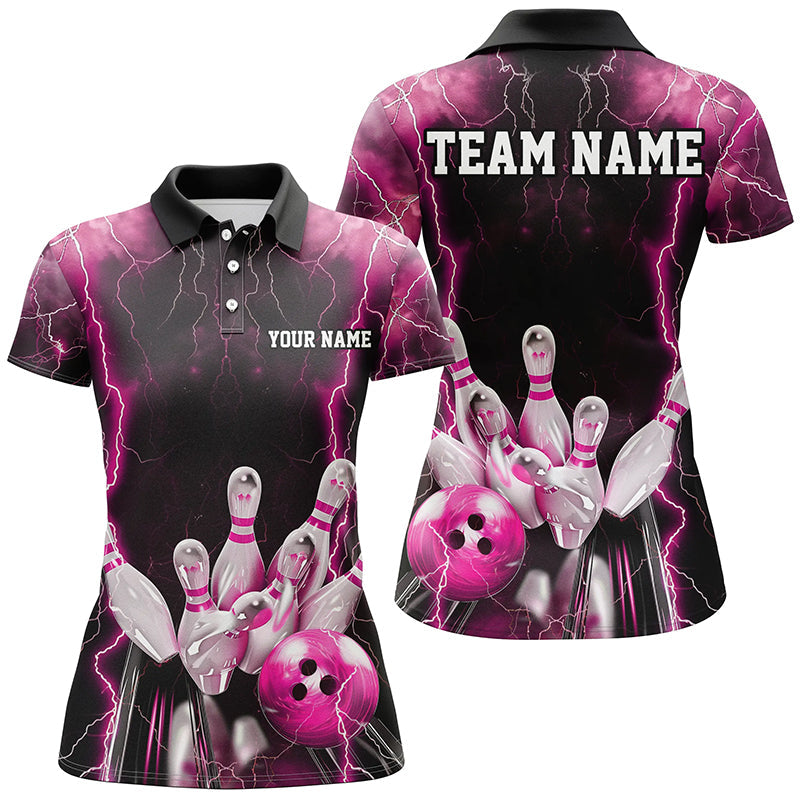 Black And Pink Thunder Lightning Custom Bowling Shirts For Women, Team Jerseys Bowlers Gift IPHW7158